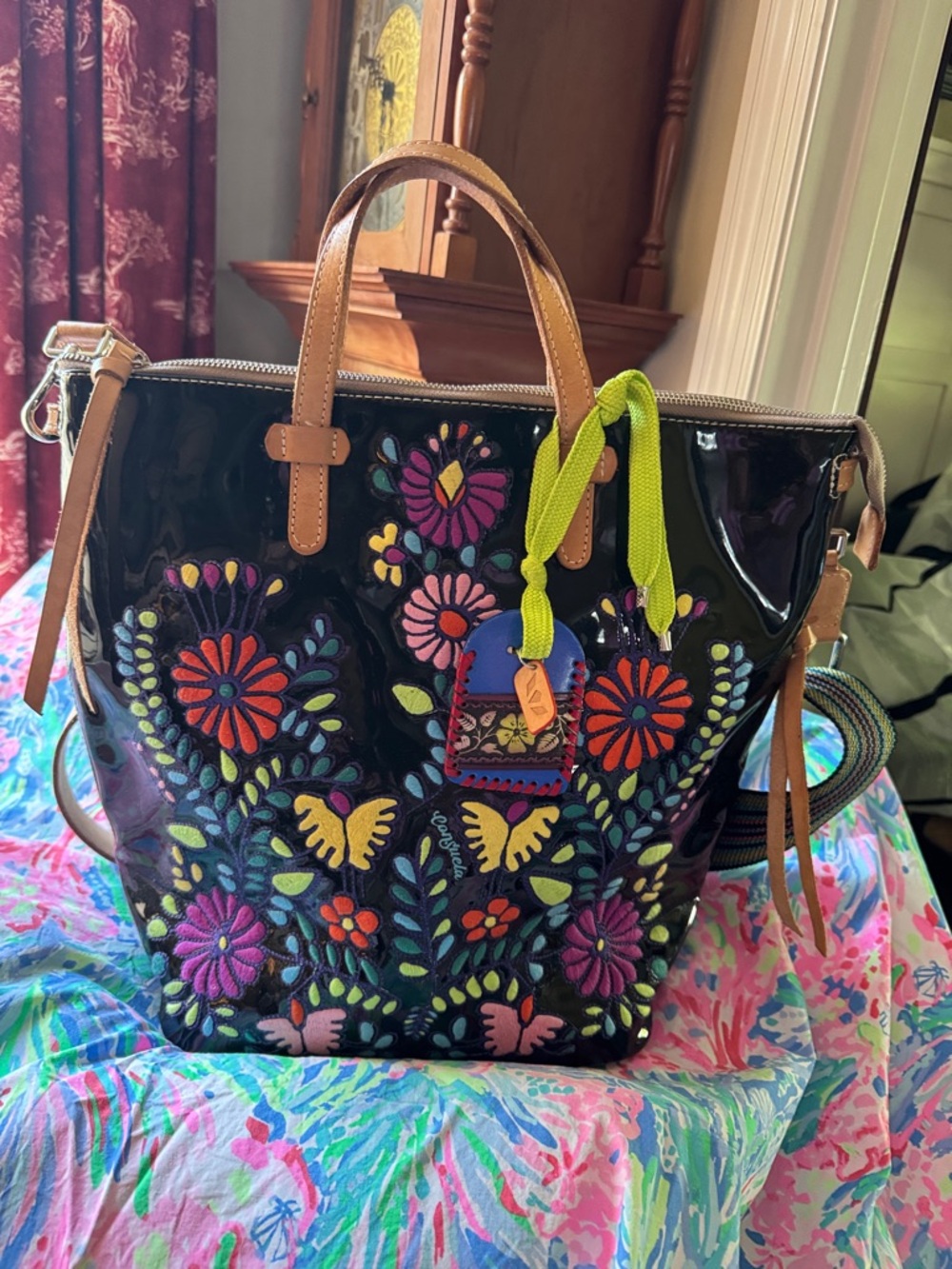 Consuela Black Patent Floral Embroidered Tote with Tan Handles